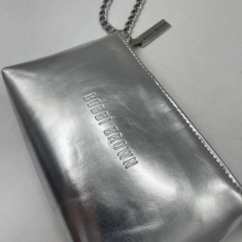 BOGO Bobbi Brown Silver Metallic Wristlet Pouch Clutch w/ Silver Chain CosmeticS